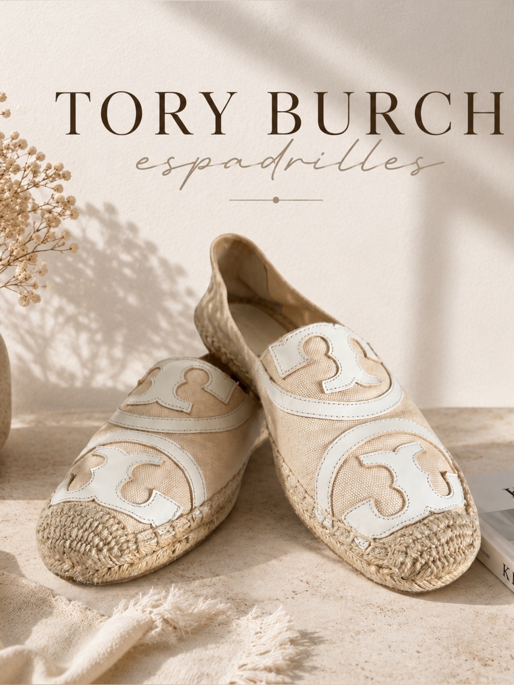 Tory Burch Poppy Logo Espadrille Flats Canvas Leather Neutral Size 9